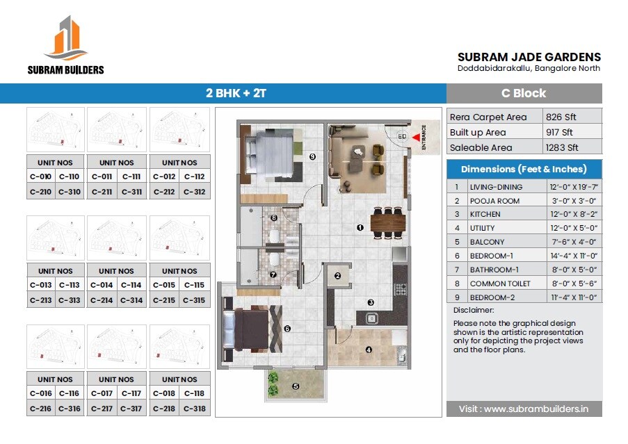 Floor plan of 2 BHK 1283 Sq. Ft. Apartment in Subram Jade Gardens, Bangalore