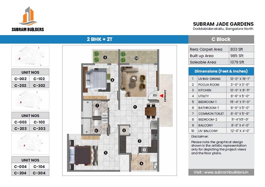 Floor plan of 2 BHK 1379 Sq. Ft. Apartment in Subram Jade Gardens, Bangalore