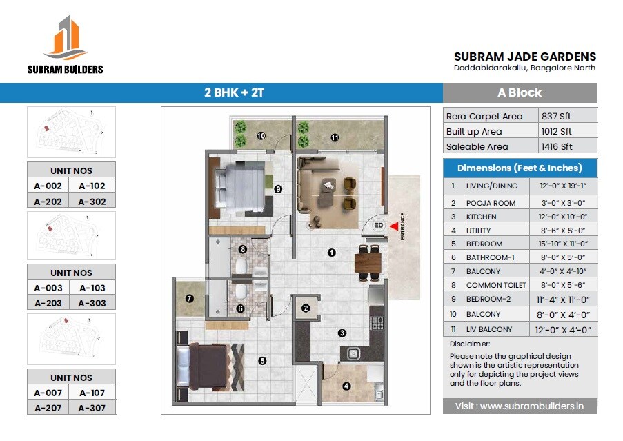 Floor plan of 2 BHK 1416 Sq. Ft. Apartment in Subram Jade Gardens, Bangalore