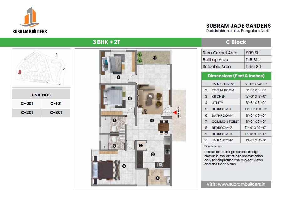 Floor plan of 3 BHK 1566 Sq. Ft. Apartment in Subram Jade Gardens, Bangalore