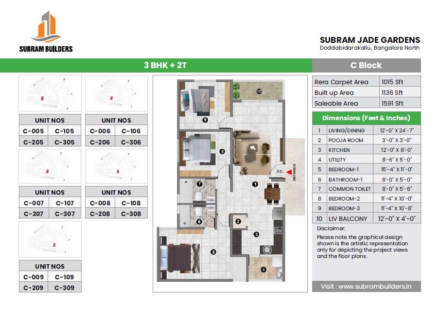 Floor plan of 3 BHK 1591 Sq. Ft. Apartment in Subram Jade Gardens, Bangalore