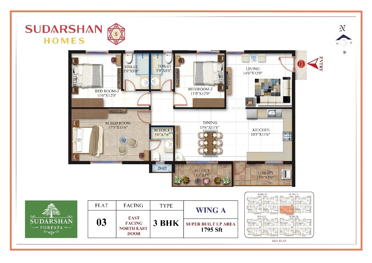 Floor plan of 3 BHK 1795 Sq. Ft. Apartment in Sudarshan Foresta, Bangalore