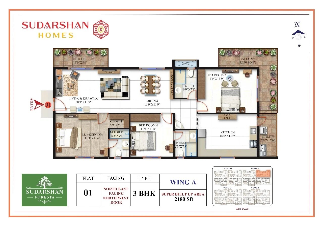 Floor plan of 3 BHK 2180 Sq. Ft. Apartment in Sudarshan Foresta, Bangalore