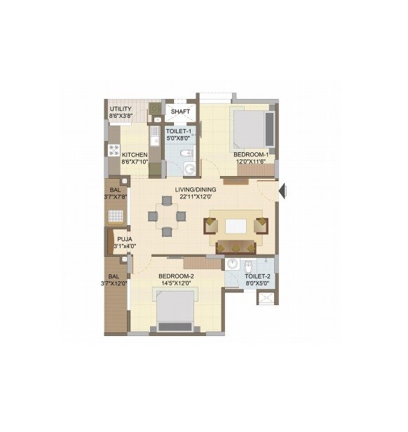 Floor plan of 2 BHK 1198 Sq. Ft. Apartment in Suguna Pristine Square, Bangalore