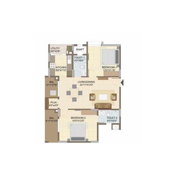 Floor plan of 2 BHK 1341 Sq. Ft. Apartment in Suguna Pristine Square, Bangalore