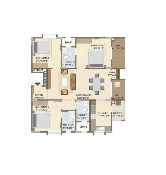 Floor plan of 3 BHK 1475 Sq. Ft. Apartment in Suguna Pristine Square, Bangalore