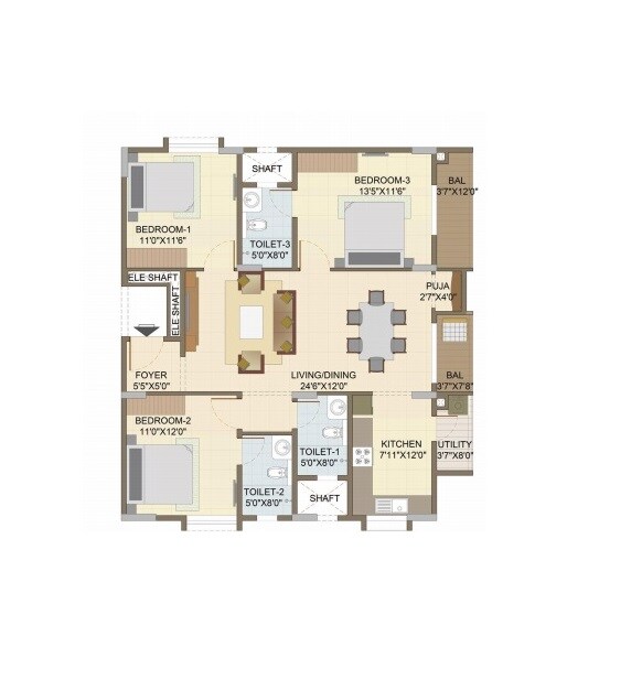 Floor plan of 3 BHK 1669 Sq. Ft. Apartment in Suguna Pristine Square, Bangalore