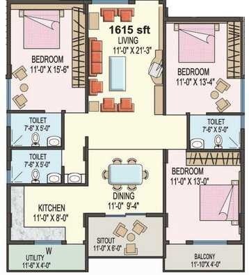 3 BHK 1615 Sq. Ft. Apartment