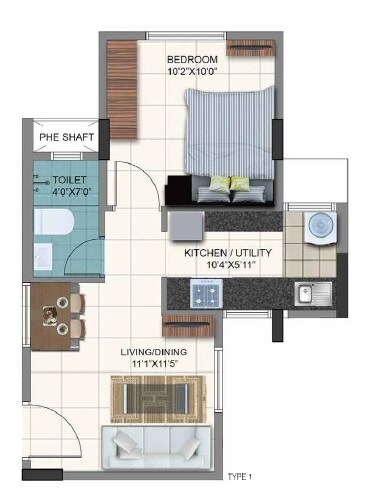 Floor plan of 1 BHK 505 Sq. Ft. Apartment in Sumadhura Aspire Aurum, Bangalore