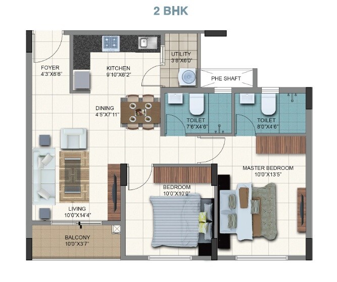 Floor plan of 2 BHK 955 Sq. Ft. Apartment in Sumadhura Aspire Aurum, Bangalore