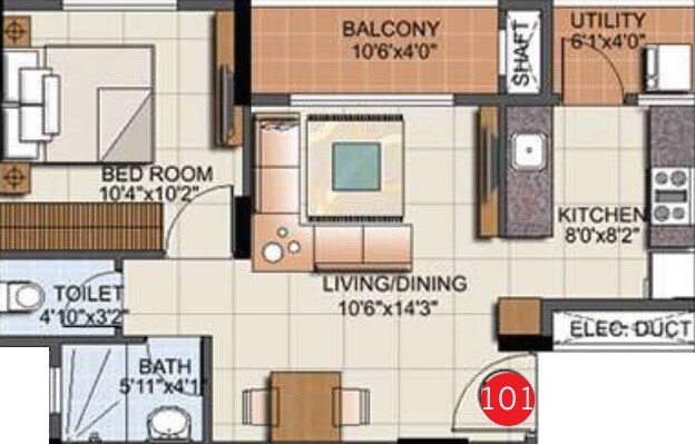 Floor plan of 1 BHK 670 Sq. Ft. Apartment in Sumadhura Eden Garden, Bangalore