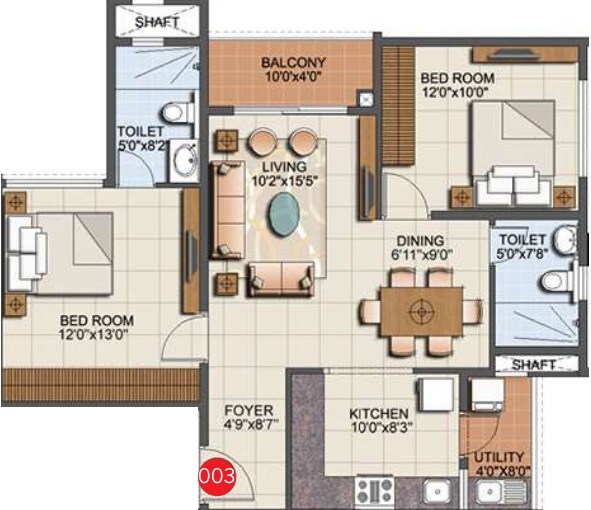 Floor plan of 2 BHK 1096 Sq. Ft. Apartment in Sumadhura Eden Garden, Bangalore