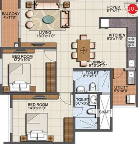Floor plan of 2 BHK 1197 Sq. Ft. Apartment in Sumadhura Eden Garden, Bangalore