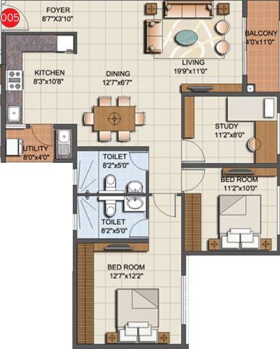 Floor plan of 2 BHK 1380 Sq. Ft. Apartment in Sumadhura Eden Garden, Bangalore