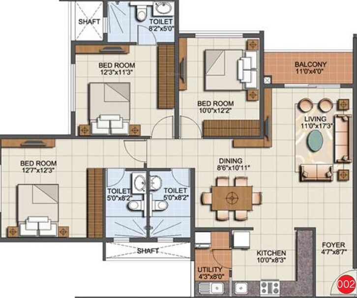 Floor plan of 3 BHK 1498 Sq. Ft. Apartment in Sumadhura Eden Garden, Bangalore