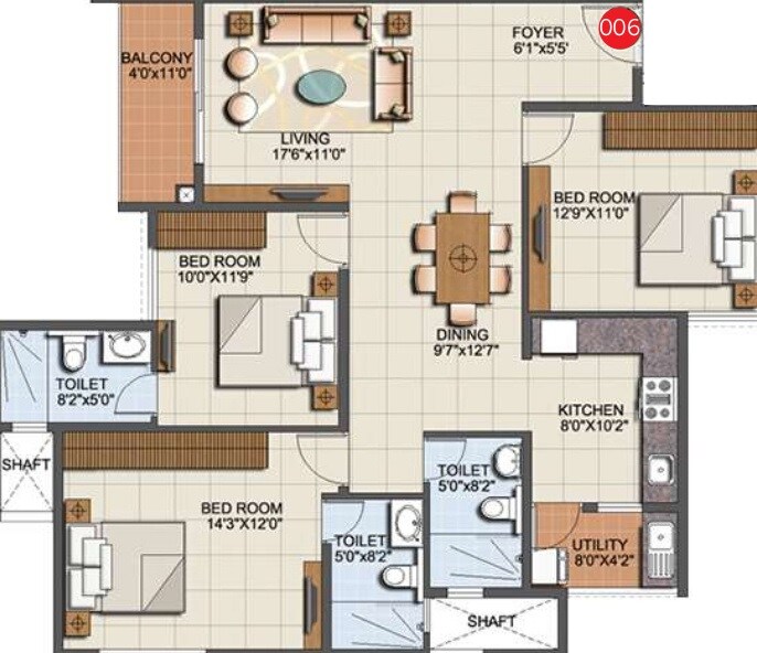 Floor plan of 3 BHK 1523 Sq. Ft. Apartment in Sumadhura Eden Garden, Bangalore
