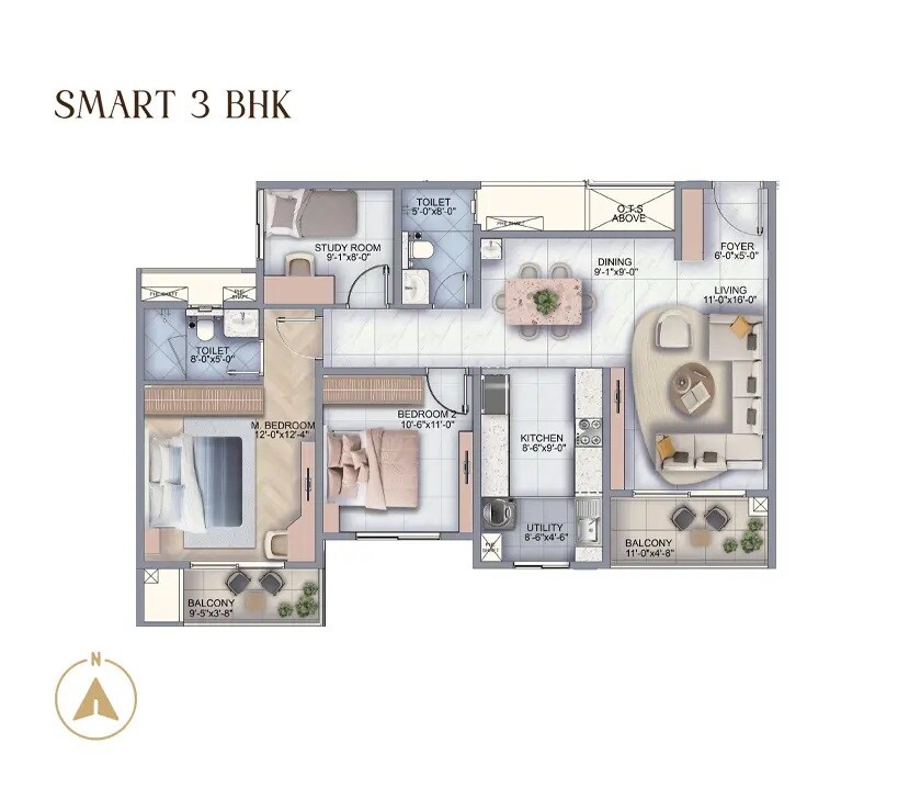 3 BHK 1900 Sq. Ft. Apartment