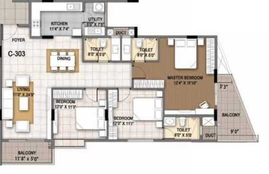 Floor plan of 3 BHK 2090 Sq. Ft. Apartment in Sumadhura Essenza, Bangalore
