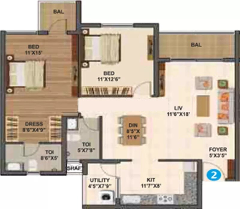 Floor plan of 2 BHK 1315 Sq. Ft. Apartment in Sumadhura Madhuram, Bangalore