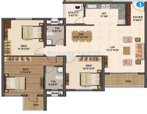Floor plan of 3 BHK 1560 Sq. Ft. Apartment in Sumadhura Madhuram, Bangalore