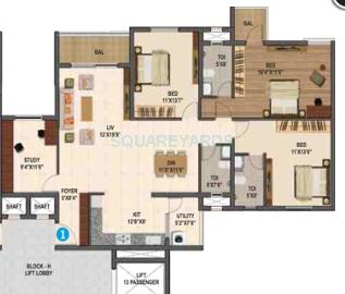 Floor plan of 3 BHK 1970 Sq. Ft. Apartment in Sumadhura Madhuram, Bangalore