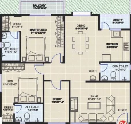 Floor plan of 2 BHK 1418 Sq. Ft. Apartment in Sumadhura Pranavam, Bangalore