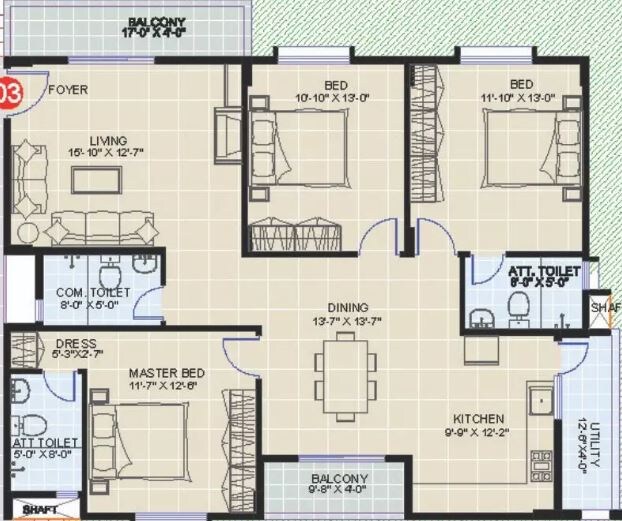 Floor plan of 3 BHK 1698 Sq. Ft. Apartment in Sumadhura Pranavam, Bangalore