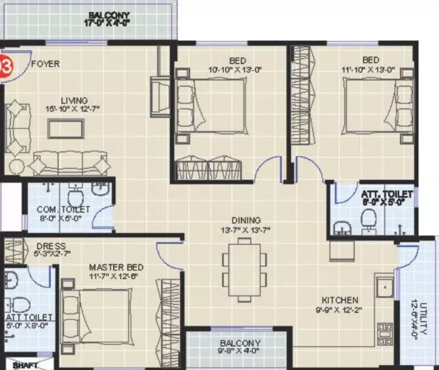 Floor plan of 3 BHK 1880 Sq. Ft. Apartment in Sumadhura Pranavam, Bangalore