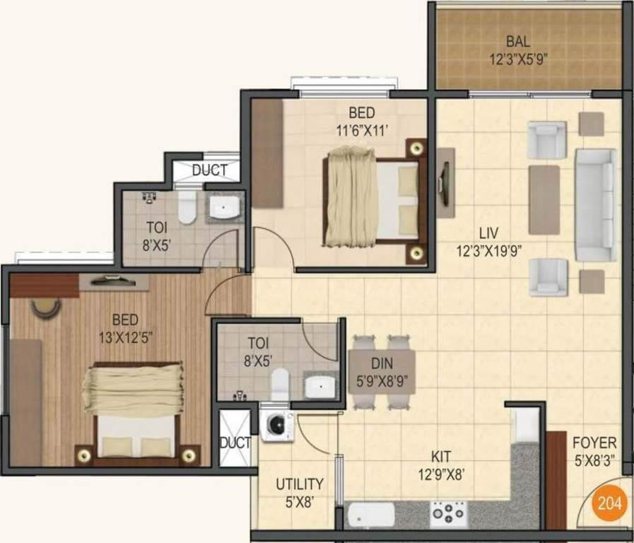 Floor plan of 2 BHK Apartment - 899 sq. ft. in Sumadhura Silver Ripples, Bangalore