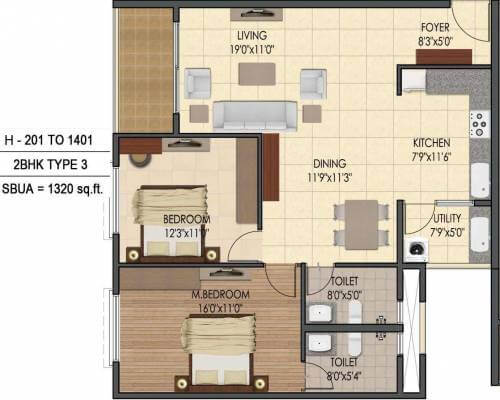 Floor plan of 2 BHK Apartment - 924 sq. ft. in Sumadhura Silver Ripples, Bangalore
