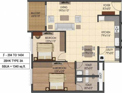 Floor plan of 2 BHK Apartment - 938 sq. ft. in Sumadhura Silver Ripples, Bangalore