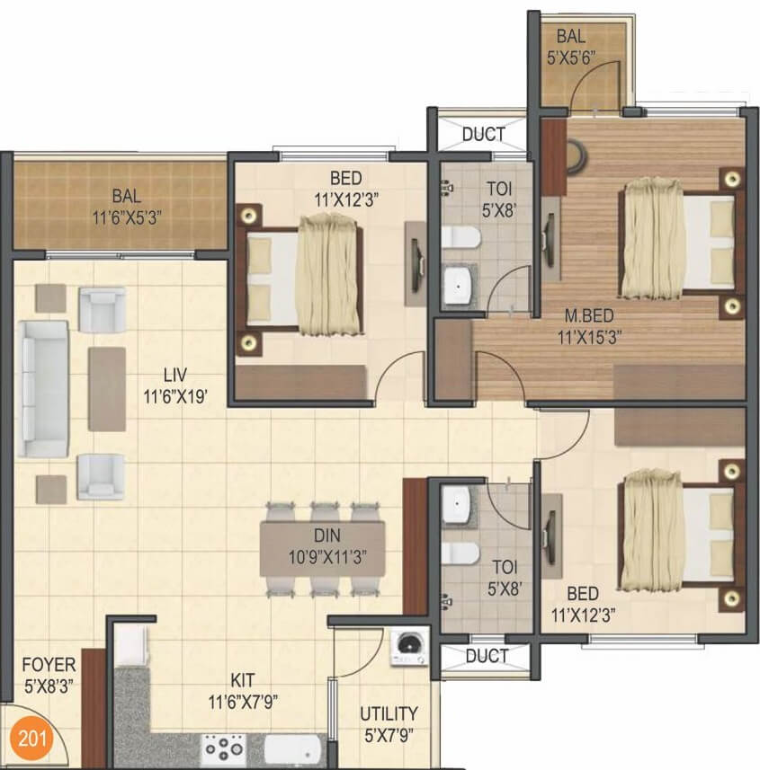 Floor plan of 3 BHK Apartment - 1109 sq. ft. in Sumadhura Silver Ripples, Bangalore