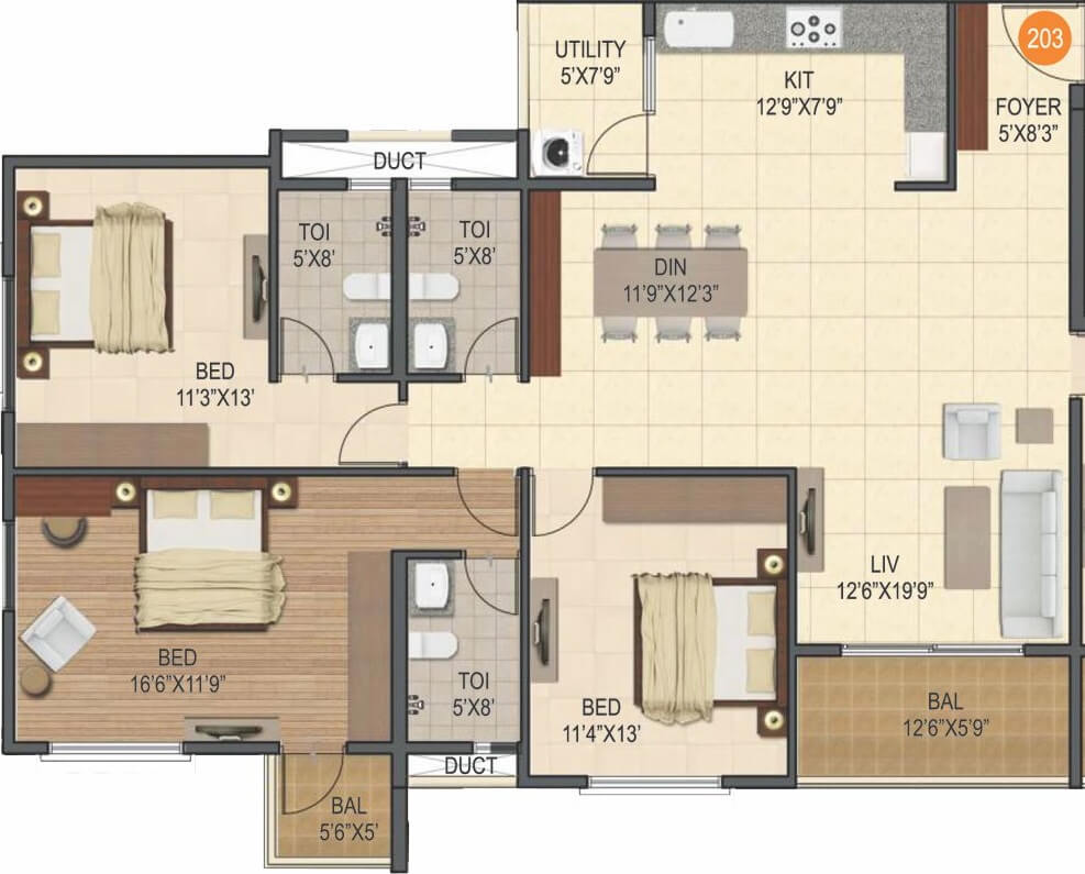 Floor plan of 3 BHK Apartment - 1505 sq. ft. in Sumadhura Silver Ripples, Bangalore