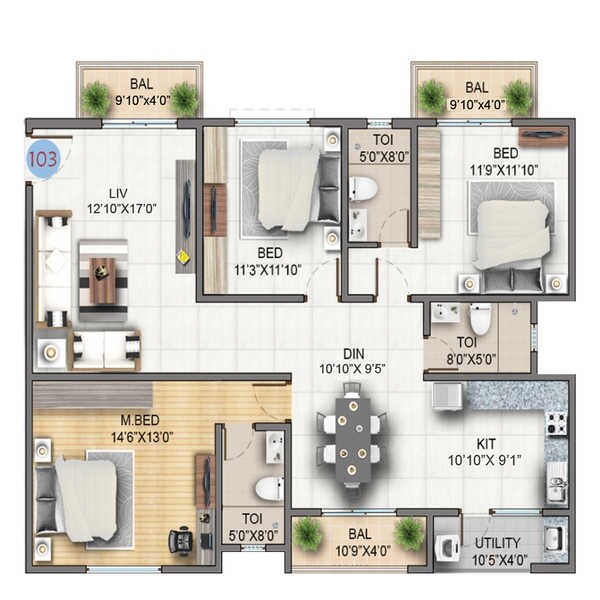 3 BHK 1820 Sq. Ft. Apartment