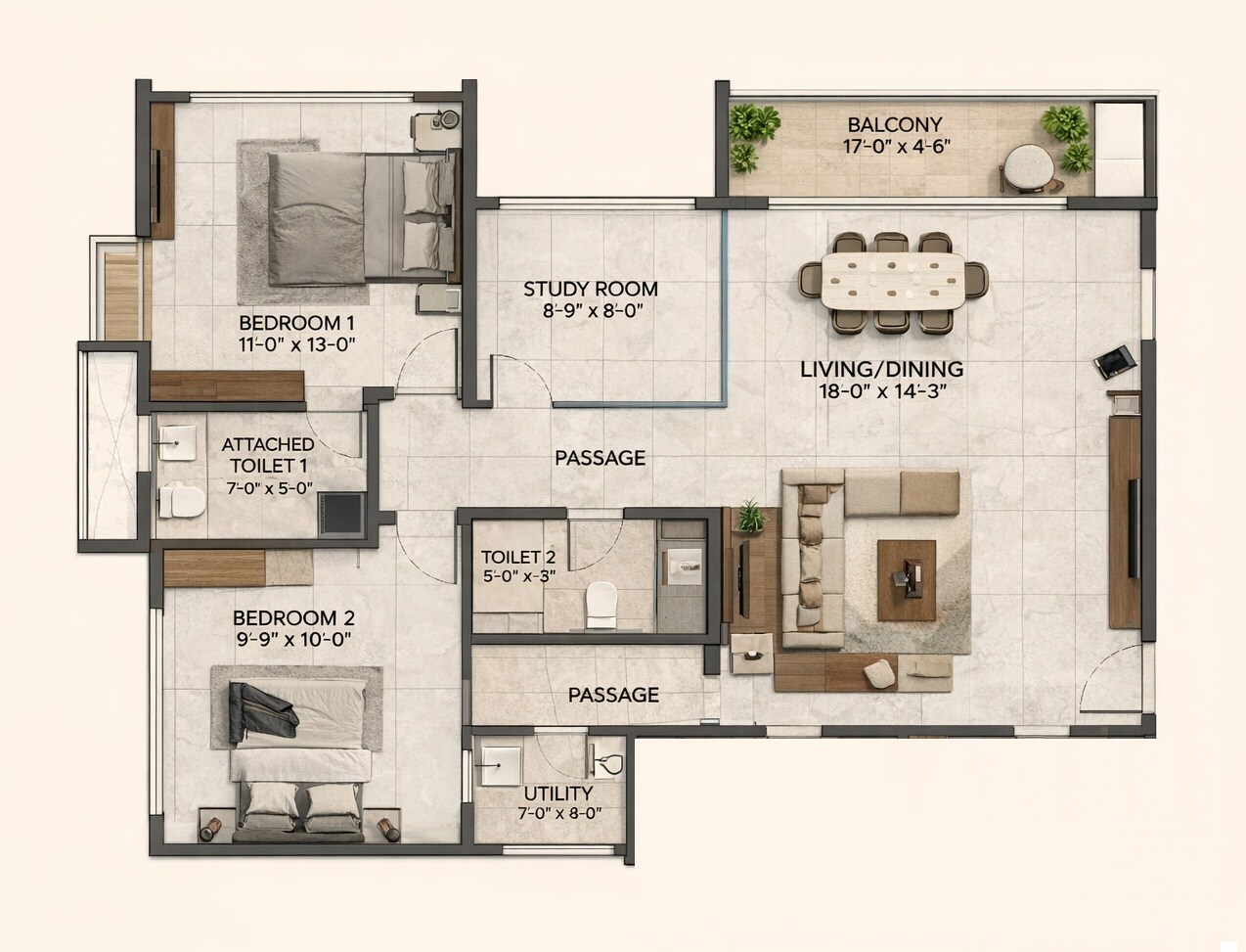 Floor plan of 2 BHK 1800 Sq. Ft. Apartment in Sumadhura Solace, Bangalore
