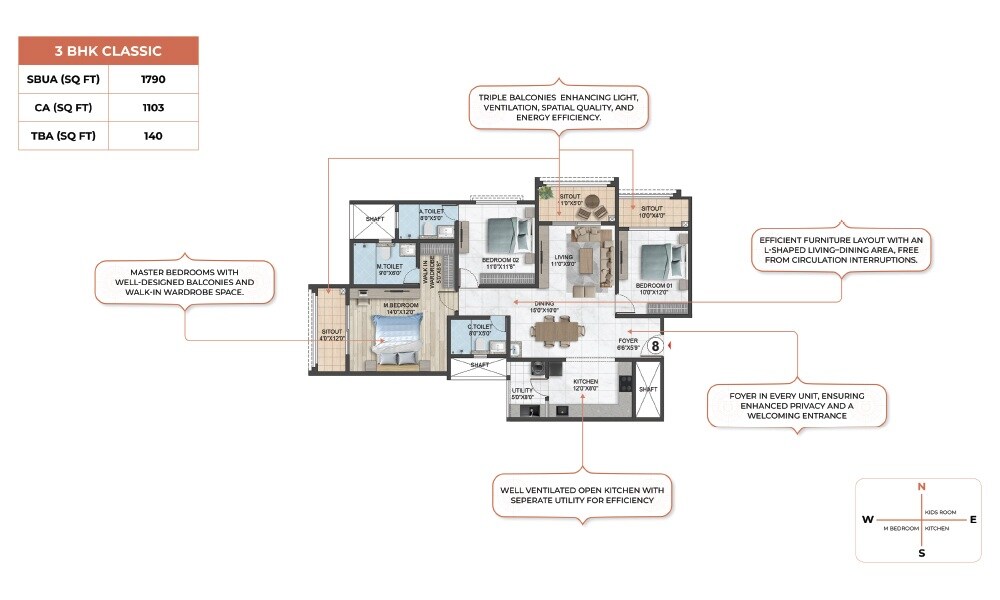 Floor plan of 3 BHK 1790 Sq. Ft. Apartment in Sumadhura Solea, Bangalore