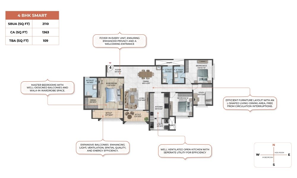 Floor plan of 4 BHK 2110 Sq. Ft. Apartment in Sumadhura Solea, Bangalore