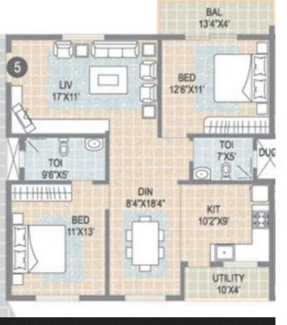 Floor plan of 2 BHK 1220 Sq. Ft. Apartment in Sumadhuras Anantham, Bangalore
