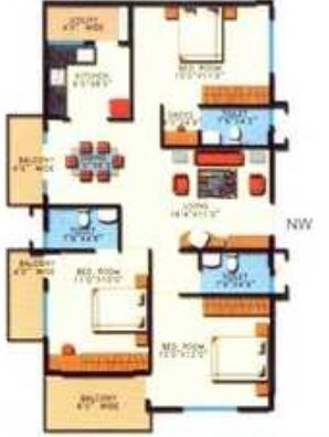 Floor plan of 3 BHK 1475 Sq. Ft. Apartment in Sumadhuras Paramount Serene, Bangalore