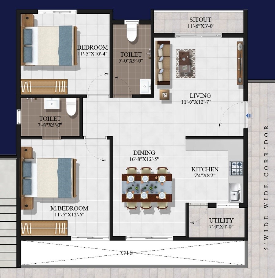 2 BHK 1100 Sq. Ft. Apartment