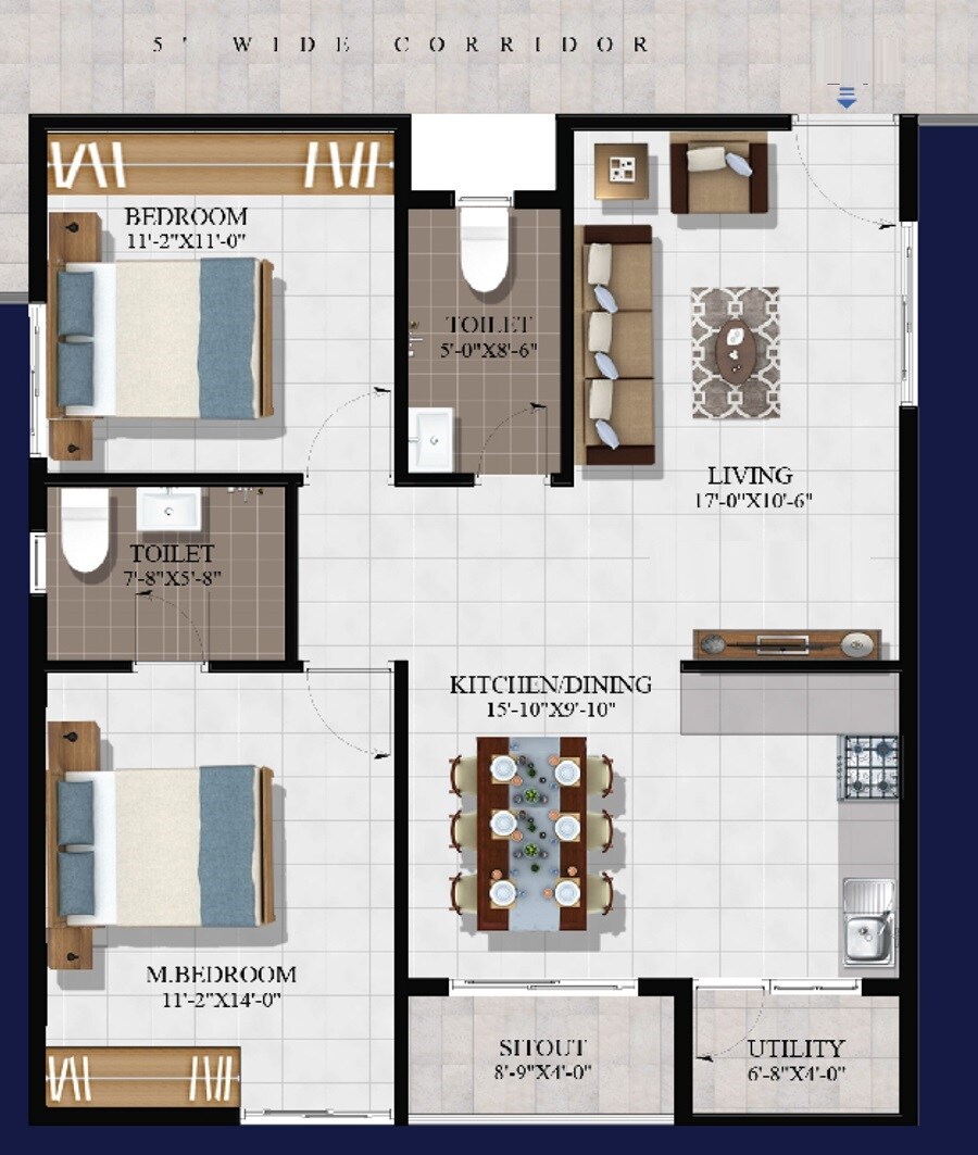 Floor plan of 2 BHK 1285 Sq. Ft. Apartment in Summit Ekaa, Bangalore