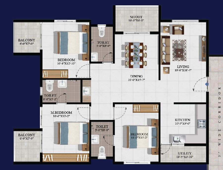 Floor plan of 3 BHK 1800 Sq. Ft. Apartment in Summit Ekaa, Bangalore