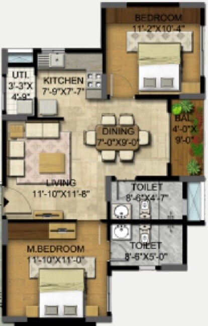 Floor plan of 2 BHK 940 Sq. Ft. Apartment in Sumo Sonnet, Bangalore