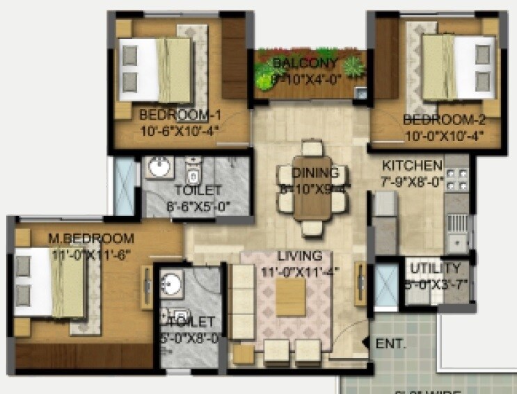 Floor plan of 3 BHK 1145 Sq. Ft. Apartment in Sumo Sonnet, Bangalore