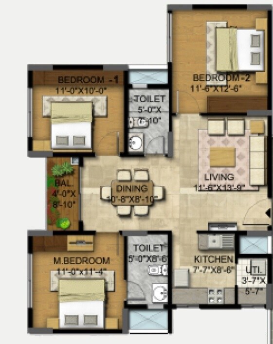 Floor plan of 3 BHK 1205 Sq. Ft. Apartment in Sumo Sonnet, Bangalore