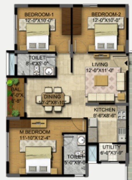 Floor plan of 3 BHK 1245 Sq. Ft. Apartment in Sumo Sonnet, Bangalore