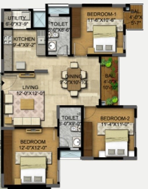 Floor plan of 3 BHK 1305 Sq. Ft. Apartment in Sumo Sonnet, Bangalore