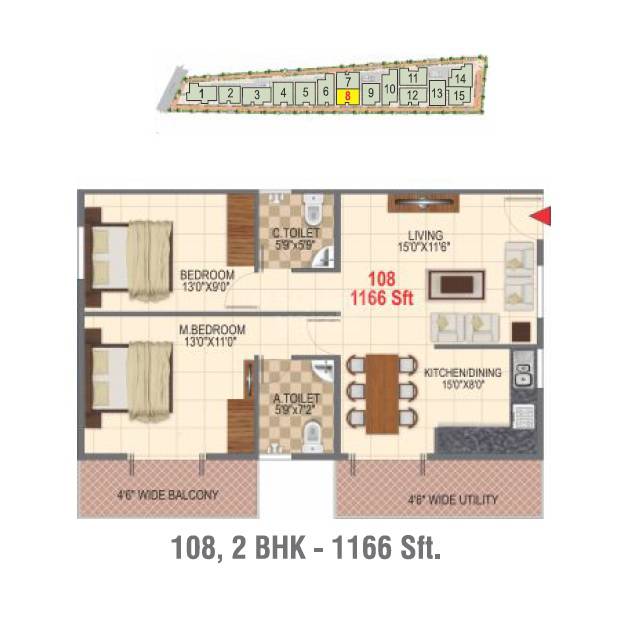 Floor plan of 2 BHK 1166 Sq. Ft. Apartment in Sumuk Square, Bangalore