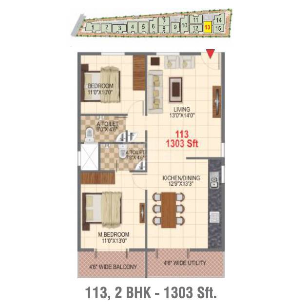 Floor plan of 2 BHK 1303 Sq. Ft. Apartment in Sumuk Square, Bangalore
