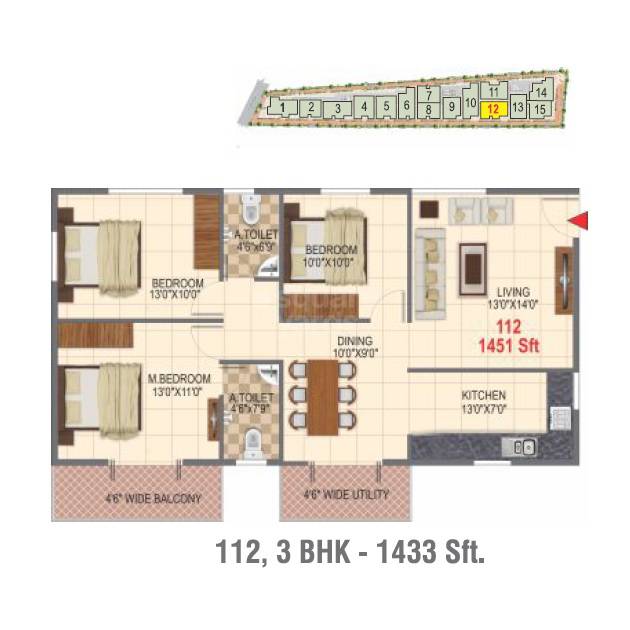 Floor plan of 3 BHK 1433 Sq. Ft. Apartment in Sumuk Square, Bangalore